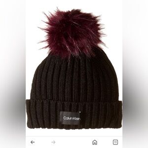 Calvin Kline Faux Fur Pom Knit Beanie Cap NWT